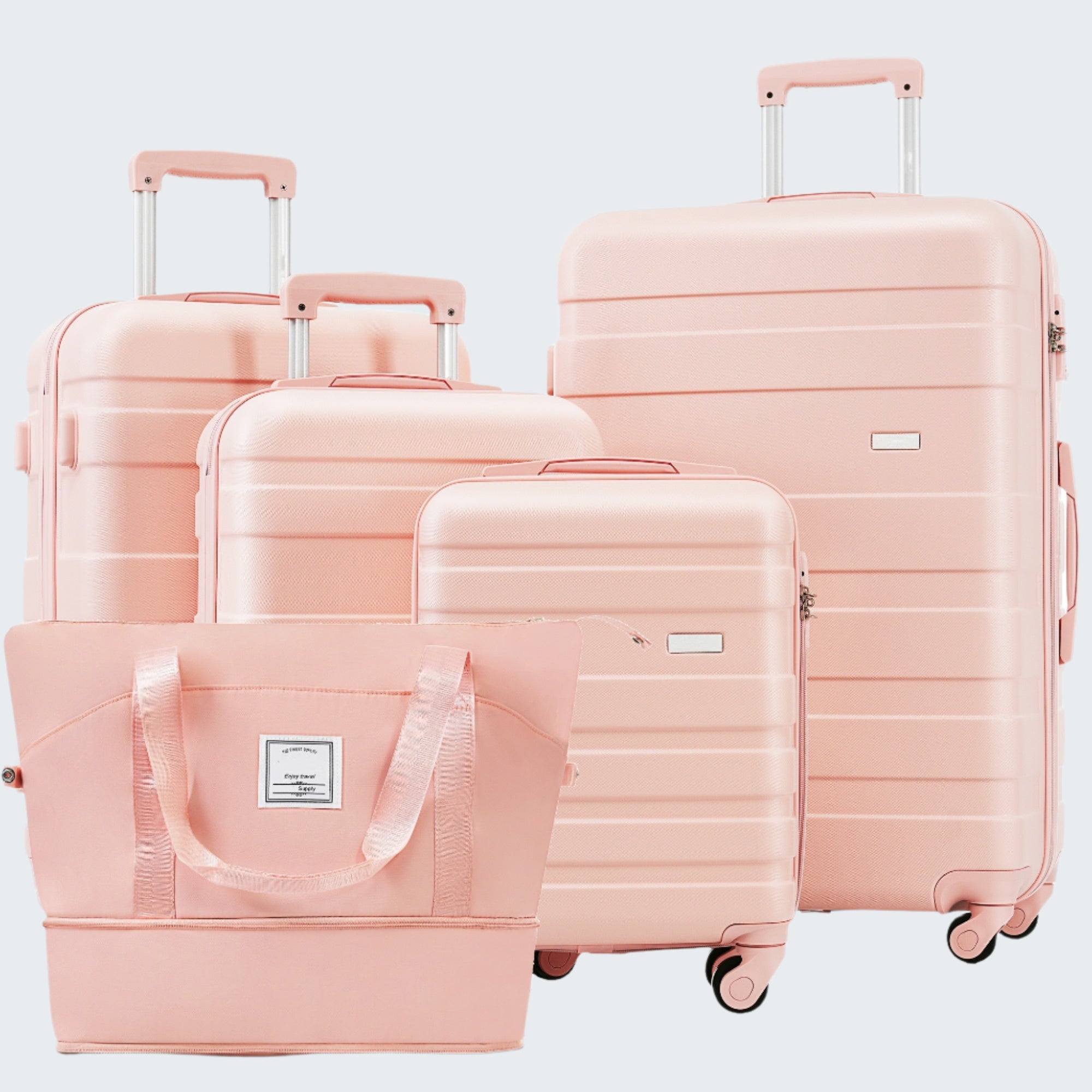 A set of pink luggage including four suitcases in different sizes and an expandable travel bag, all with 360° spinner wheels and adjustable telescopic handles.