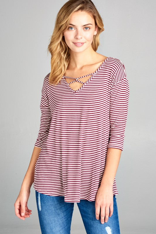 Stripe Jersey Lace Up Neck Top