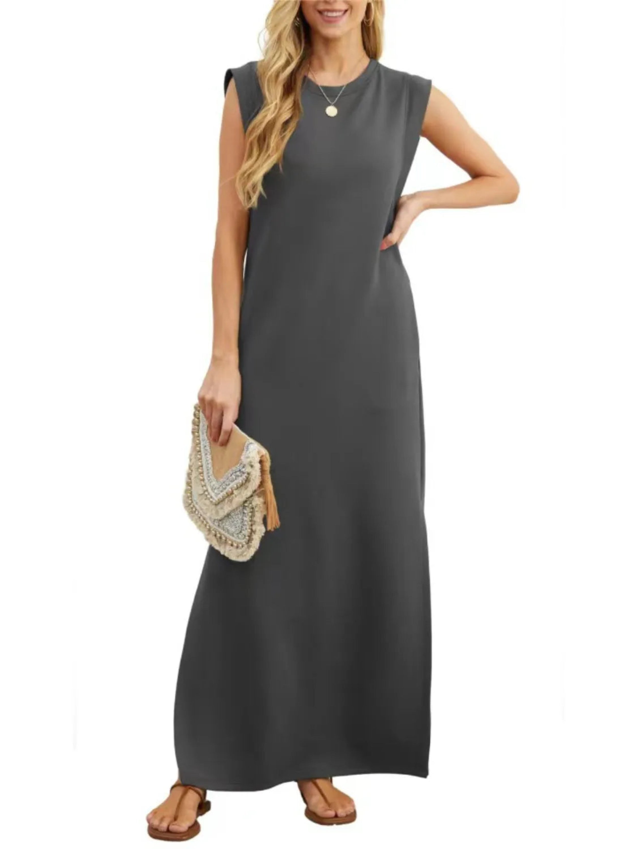 Full Size Slit Round Neck Sleeveless Maxi Tank Dress