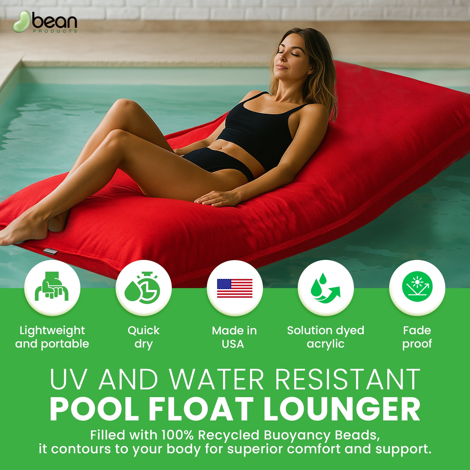 Woman relaxing on a red pool float with product features highlighted