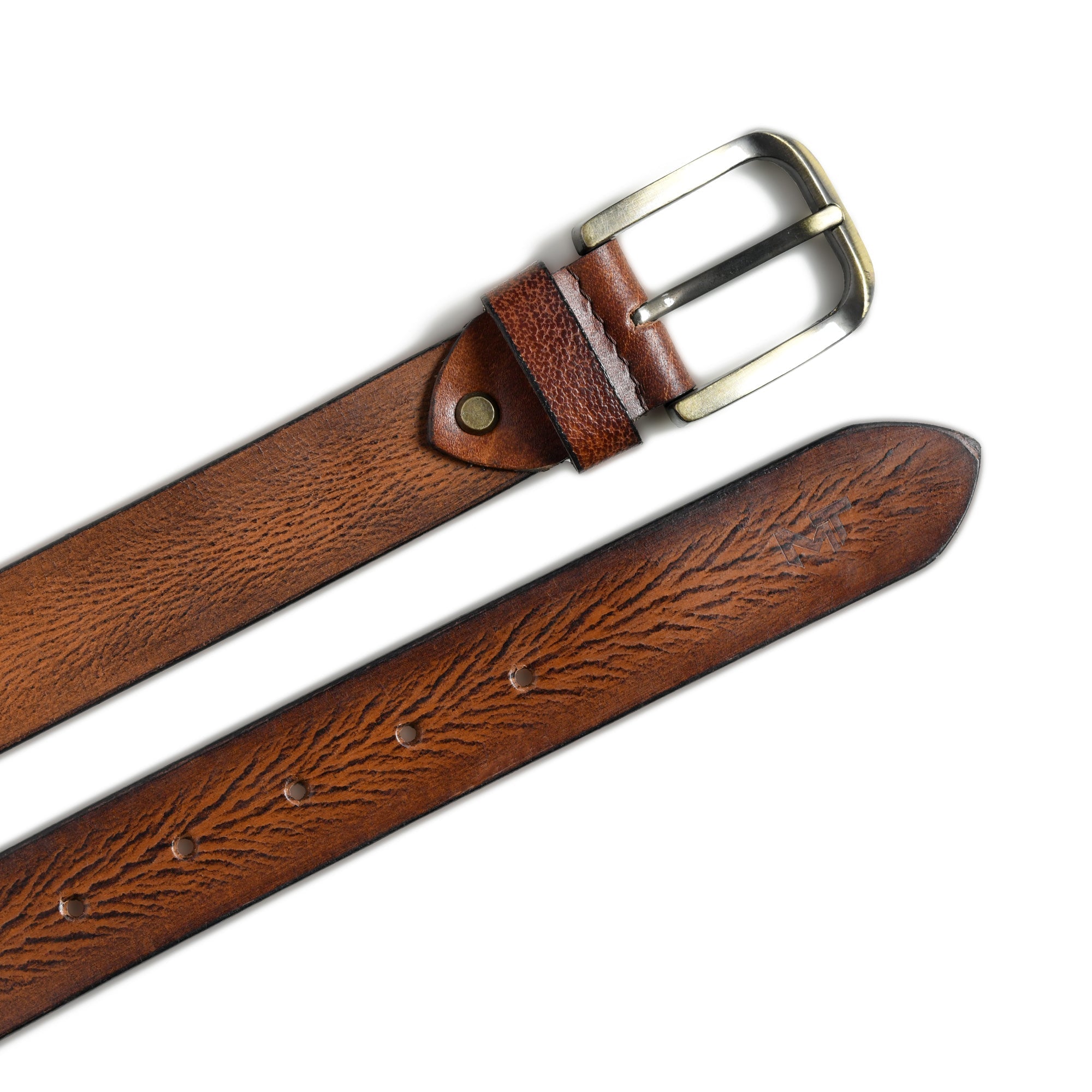 Brown leather belt with a silver buckle on a white background