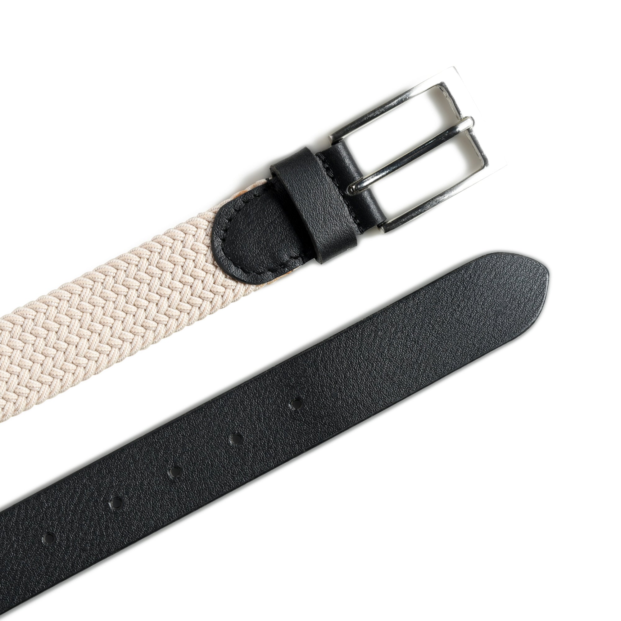 Two belts, one beige woven and one black leather, on a white background.