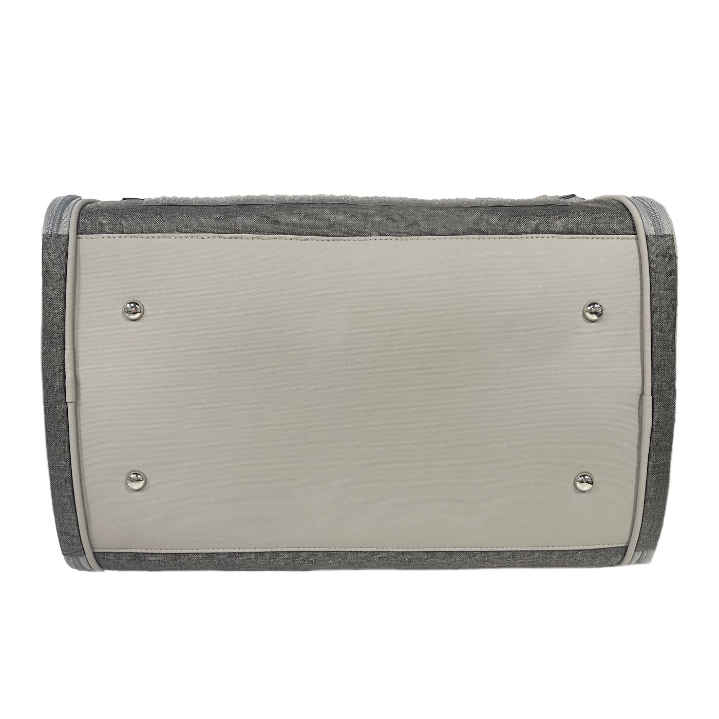 Gray and beige fabric roll-up with metal grommets on a white background