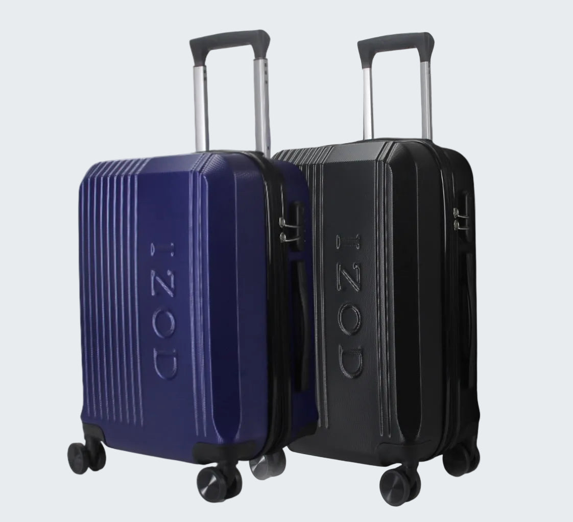 Two suitcases, one blue and one black, with 'IZOD' branding on a white background.