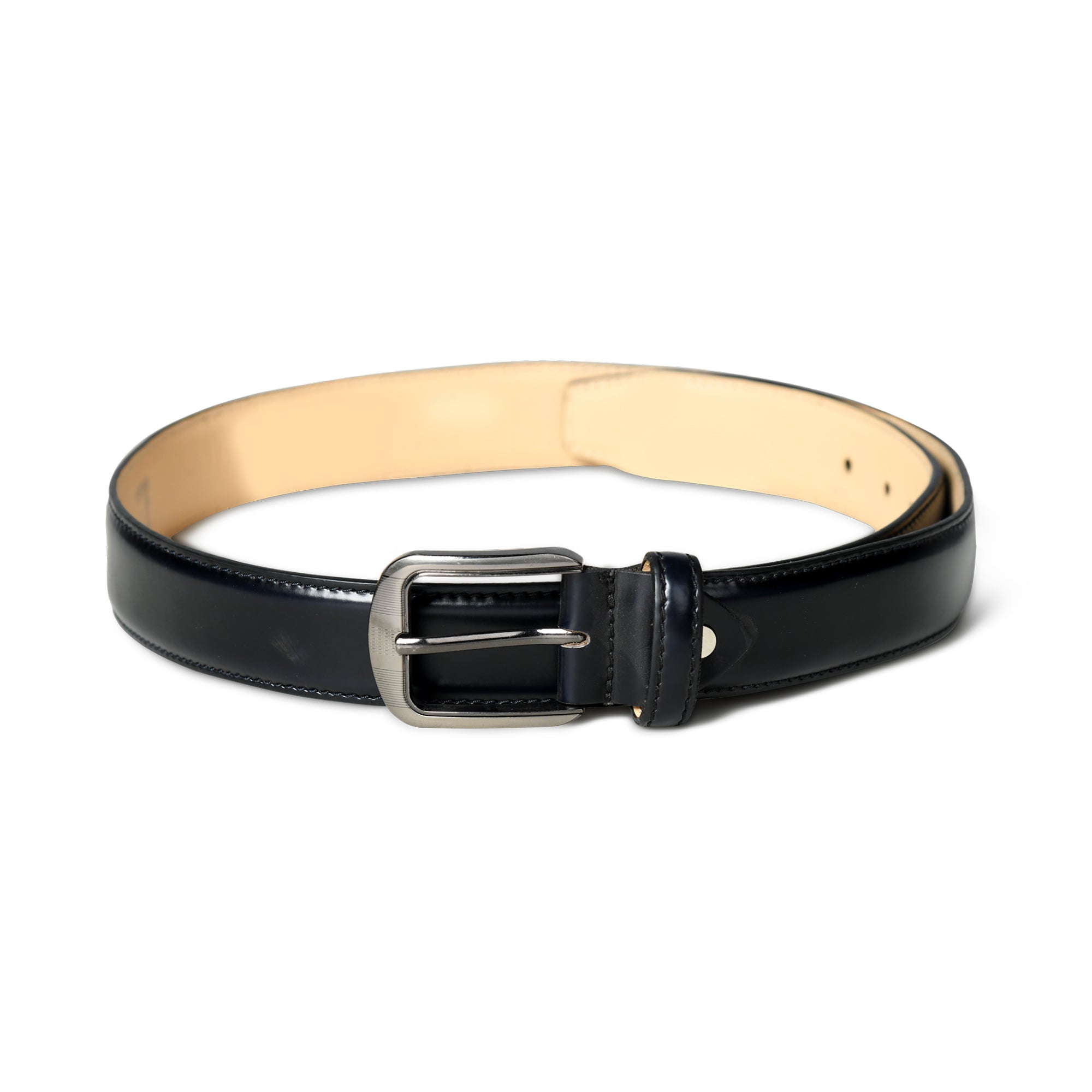 Black leather belt with a silver buckle on a white background