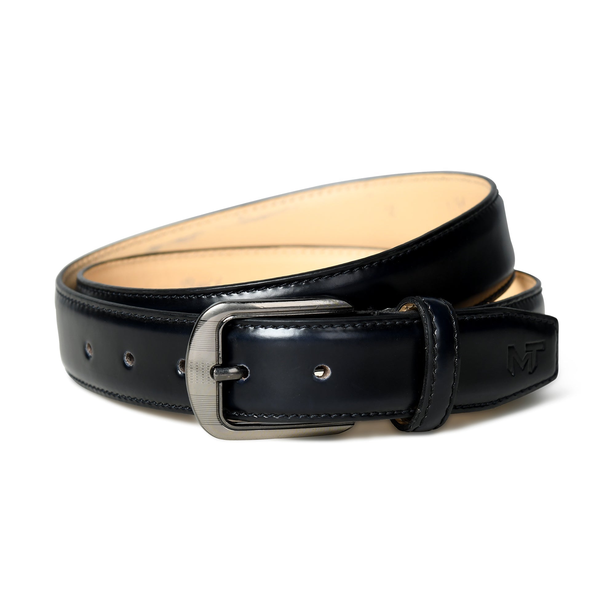 Black leather belt with a silver buckle on a white background