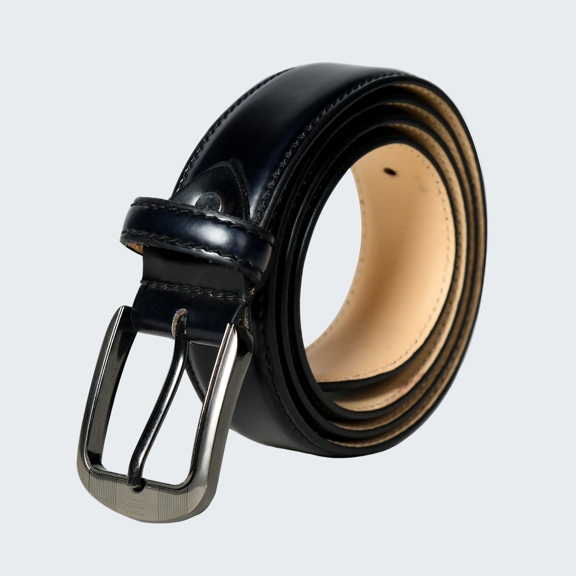 Black leather belt with silver buckle on a white background