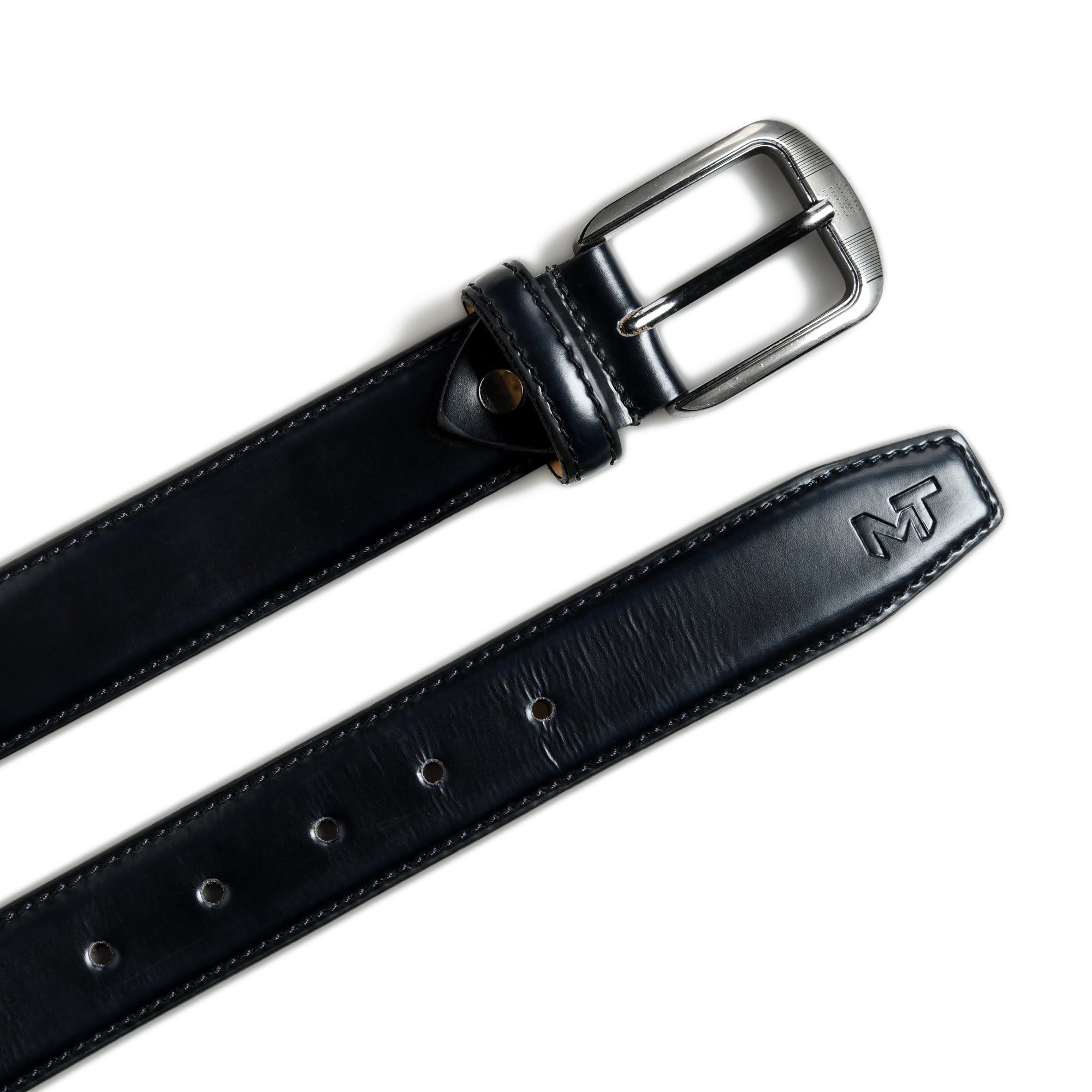 Black leather belt with silver buckle on a white background