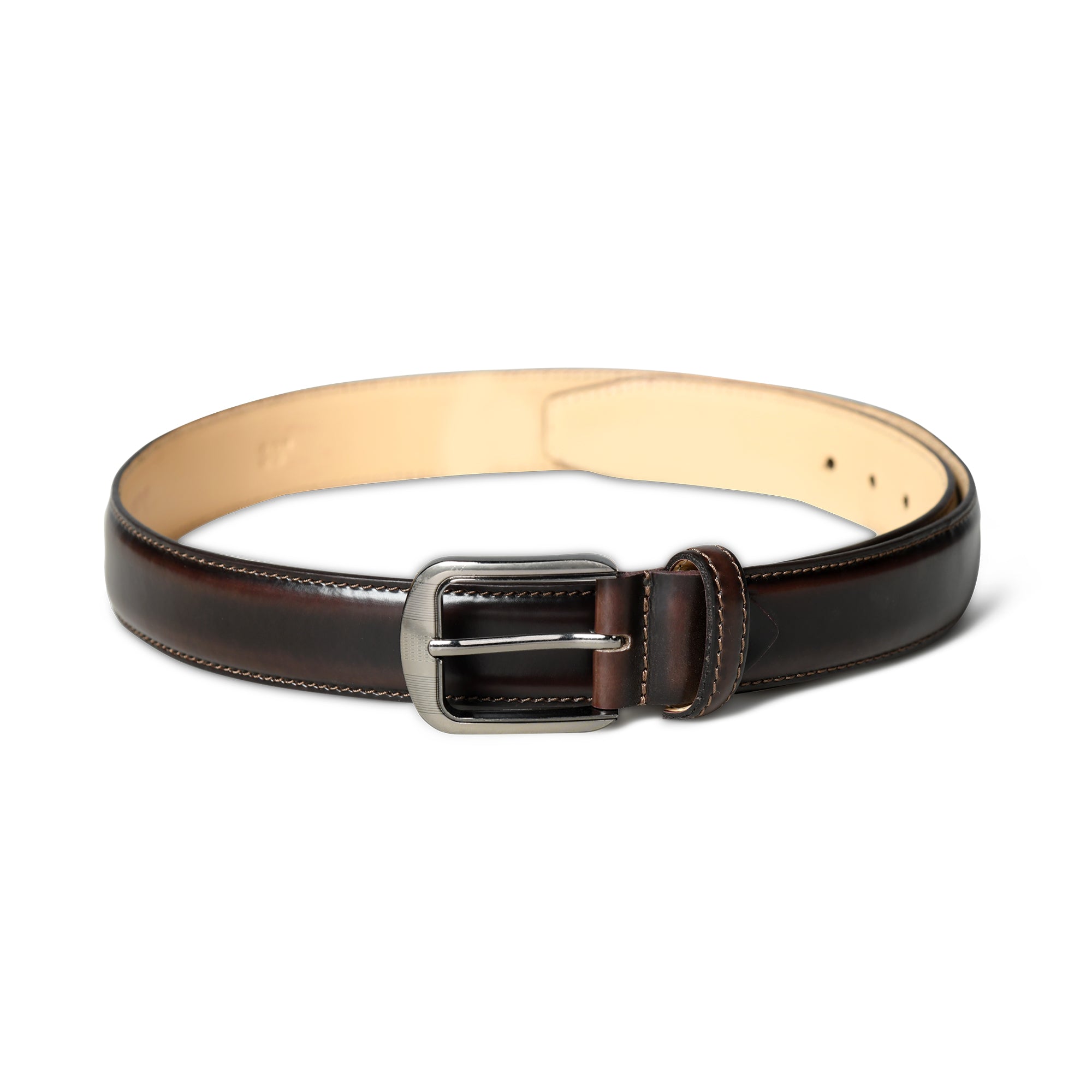 Brown leather belt with a silver buckle on a white background