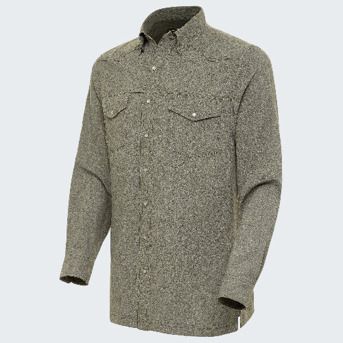 Green button-up shirt with two front pockets on a white background