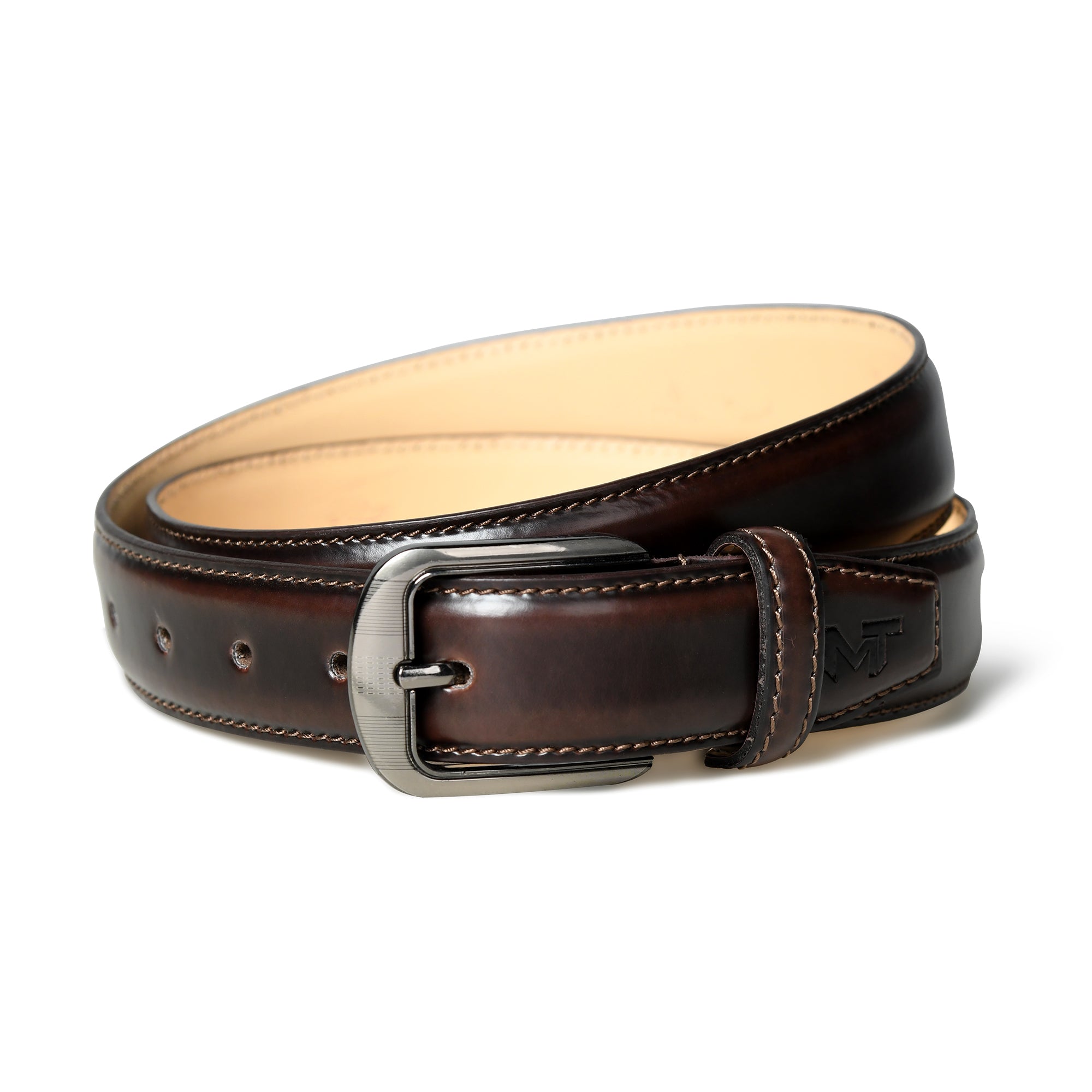 Brown leather belt with silver buckle on a white background