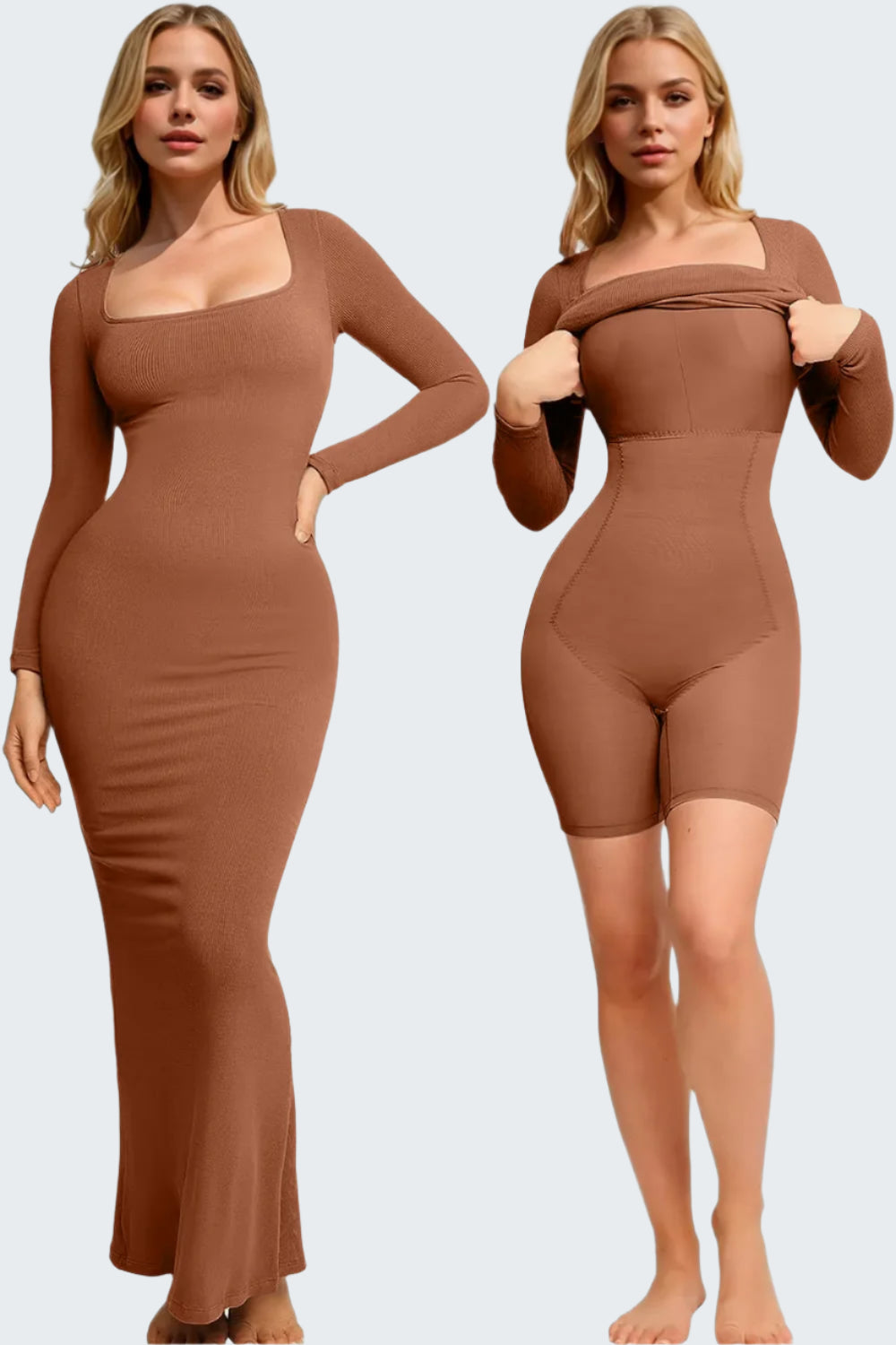 Two images of a woman modeling a brown maxi dress with built-in shapewear. One image shows the dress with long sleeves and a square neckline, the other demonstrates the shapewear's built-in bra feature.