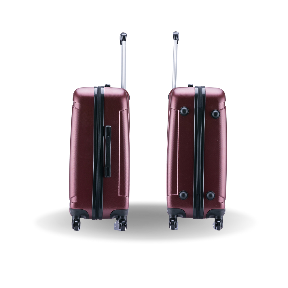 Two maroon suitcases with black handles and wheels on a white background
