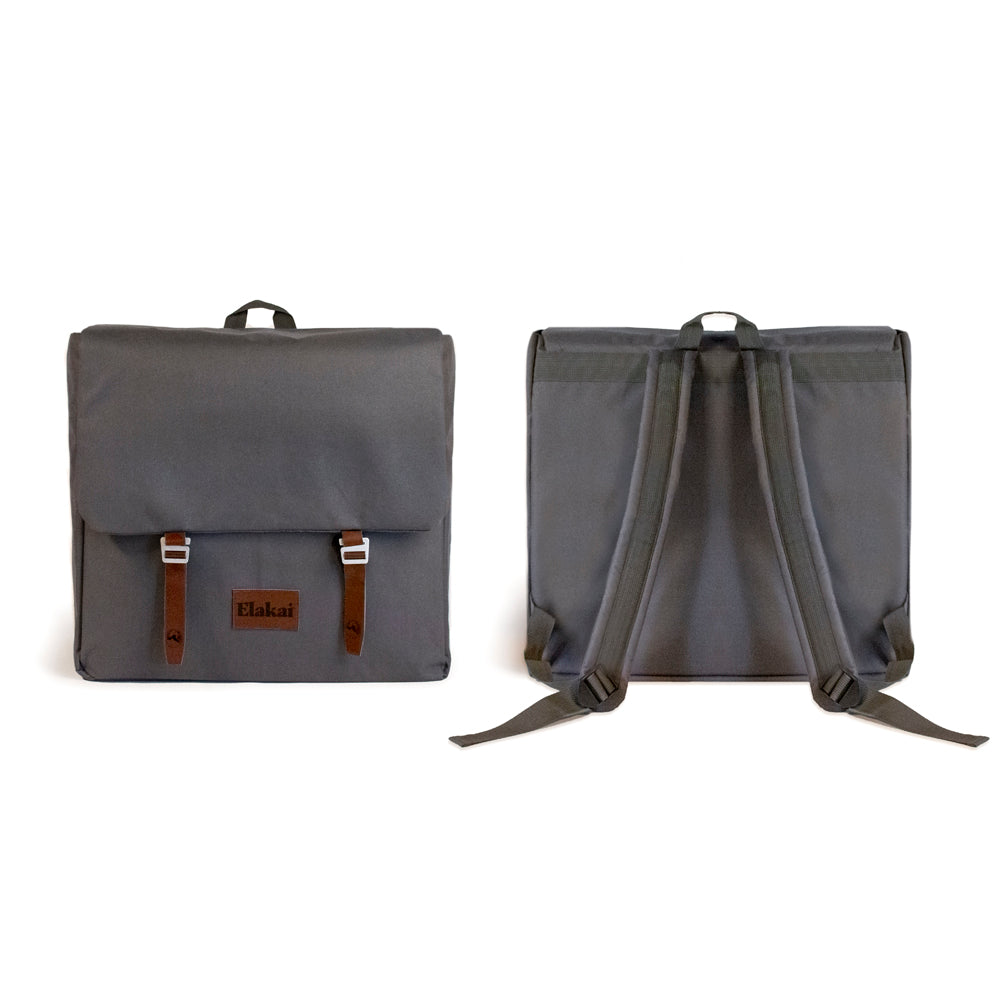 Gray backpack with leather straps on a white background