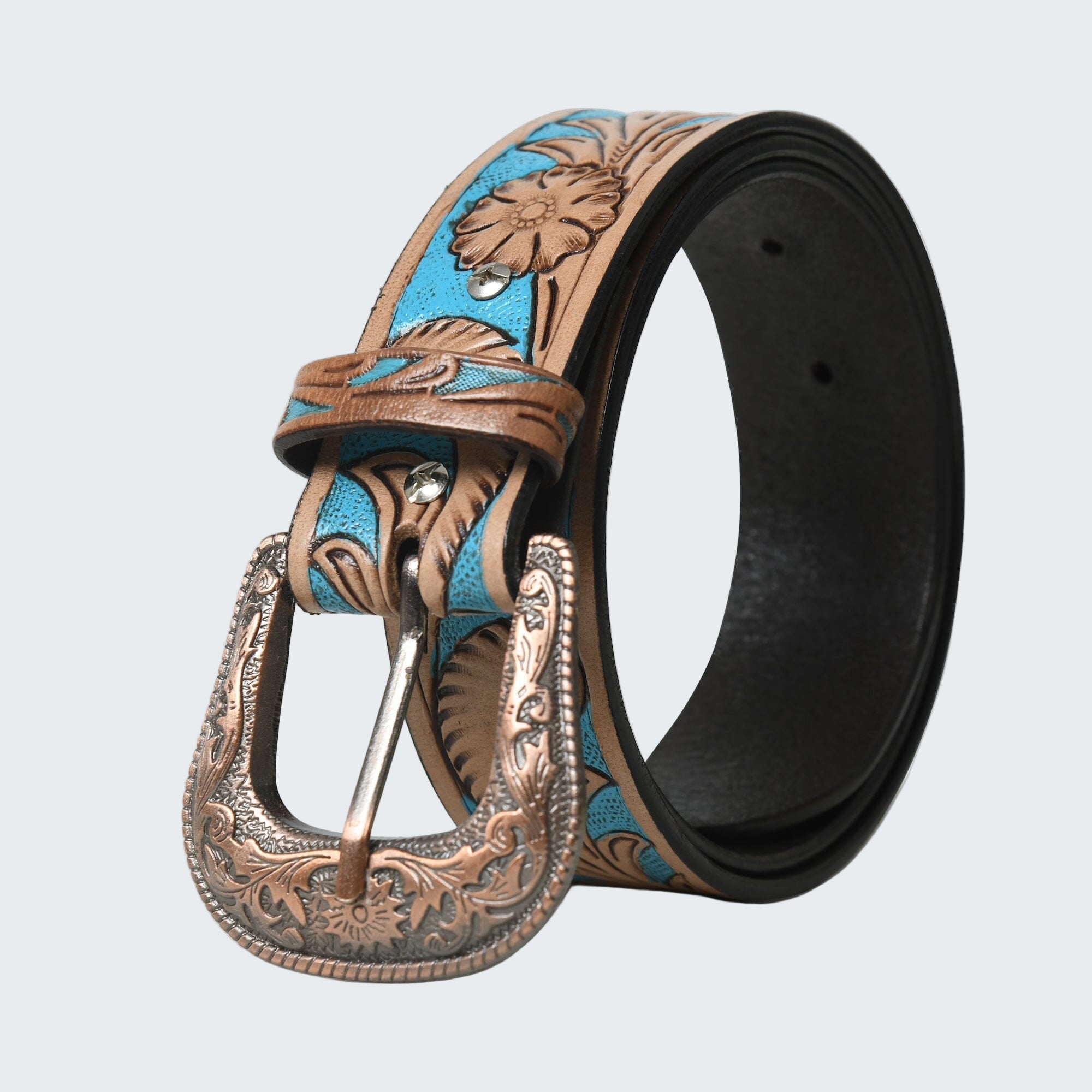 Decorative belt with turquoise pattern and bronze buckle on a white background