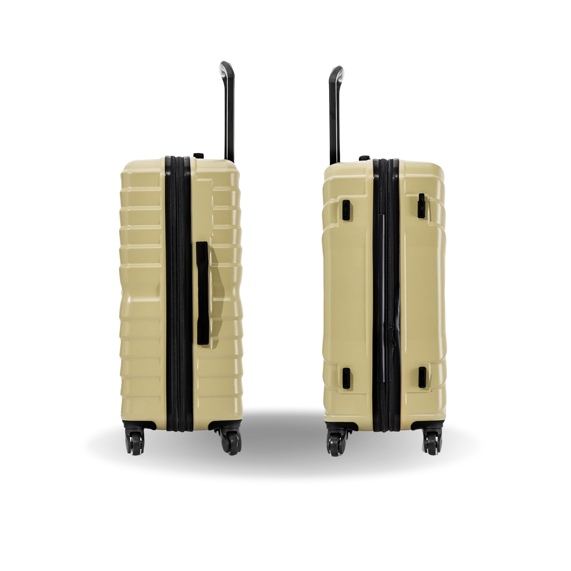 Two beige suitcases with black zippers on a white background