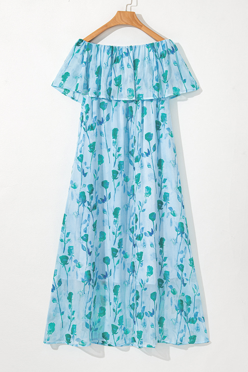 Green Floral Print Ruffled Side Slit Tube Maxi Dress