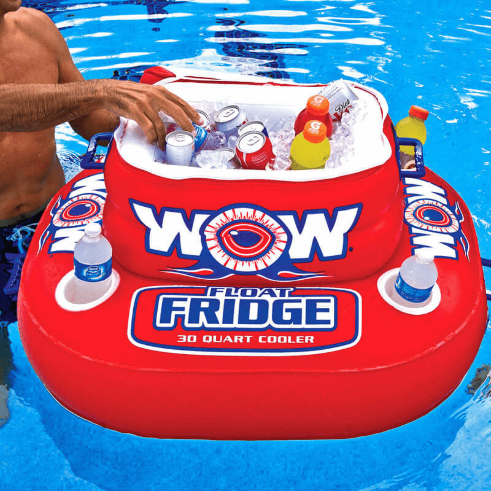 Inflatable pool float with 'WOW' branding and a cooler filled with drinks in a swimming pool.