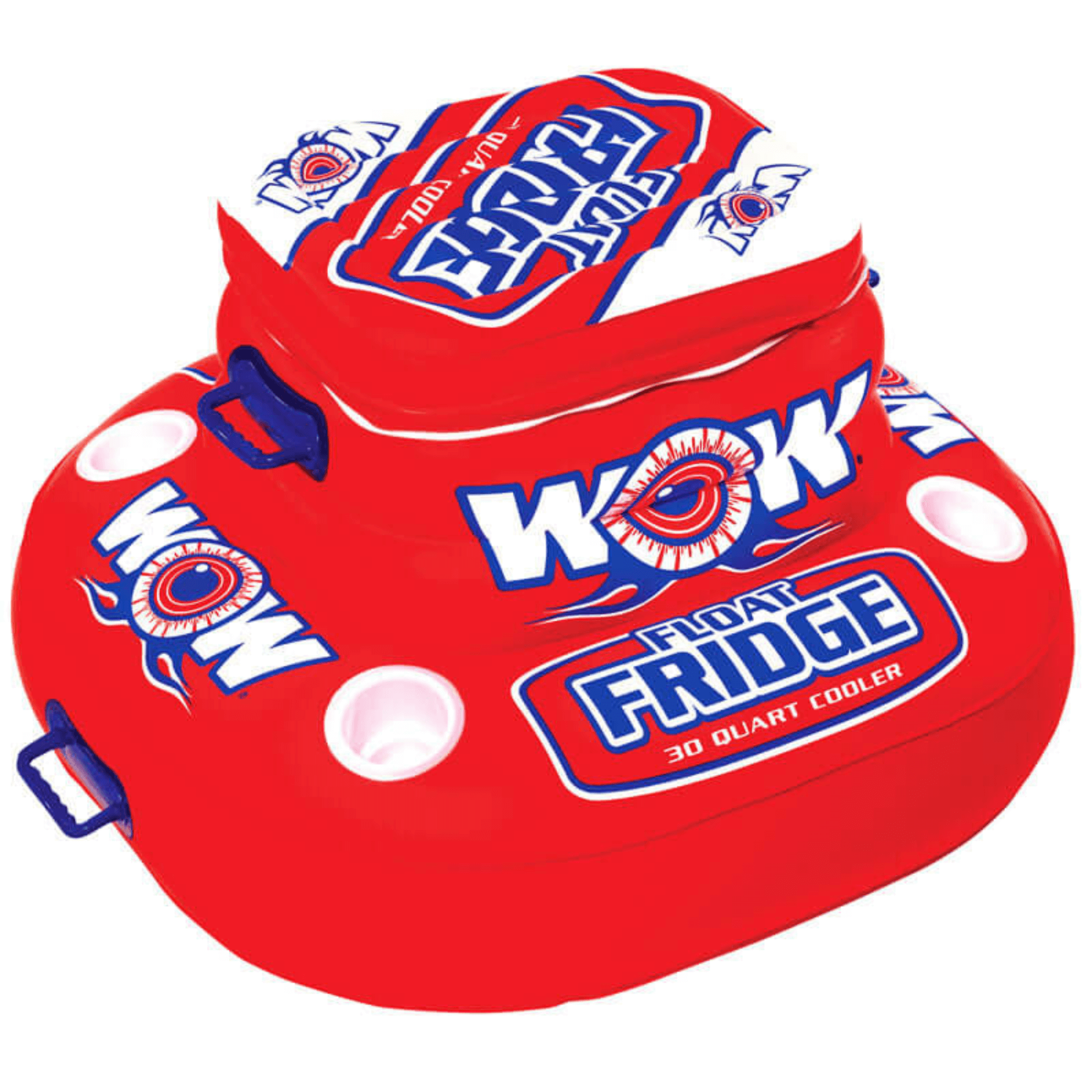 Red inflatable cooler with 'Wow' branding on a white background