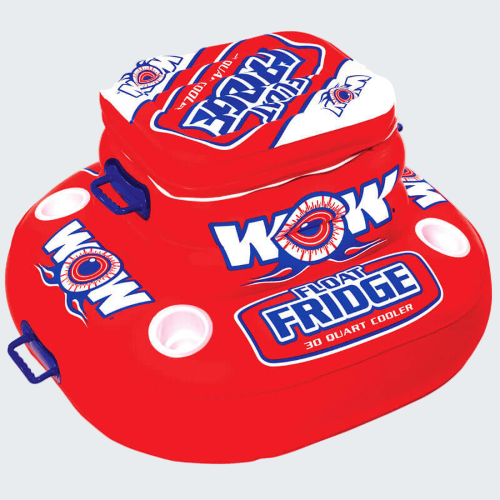 Red inflatable cooler with 'Wow' branding on a white background
