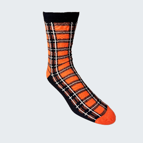 Plaid sock with orange and black pattern on a white background