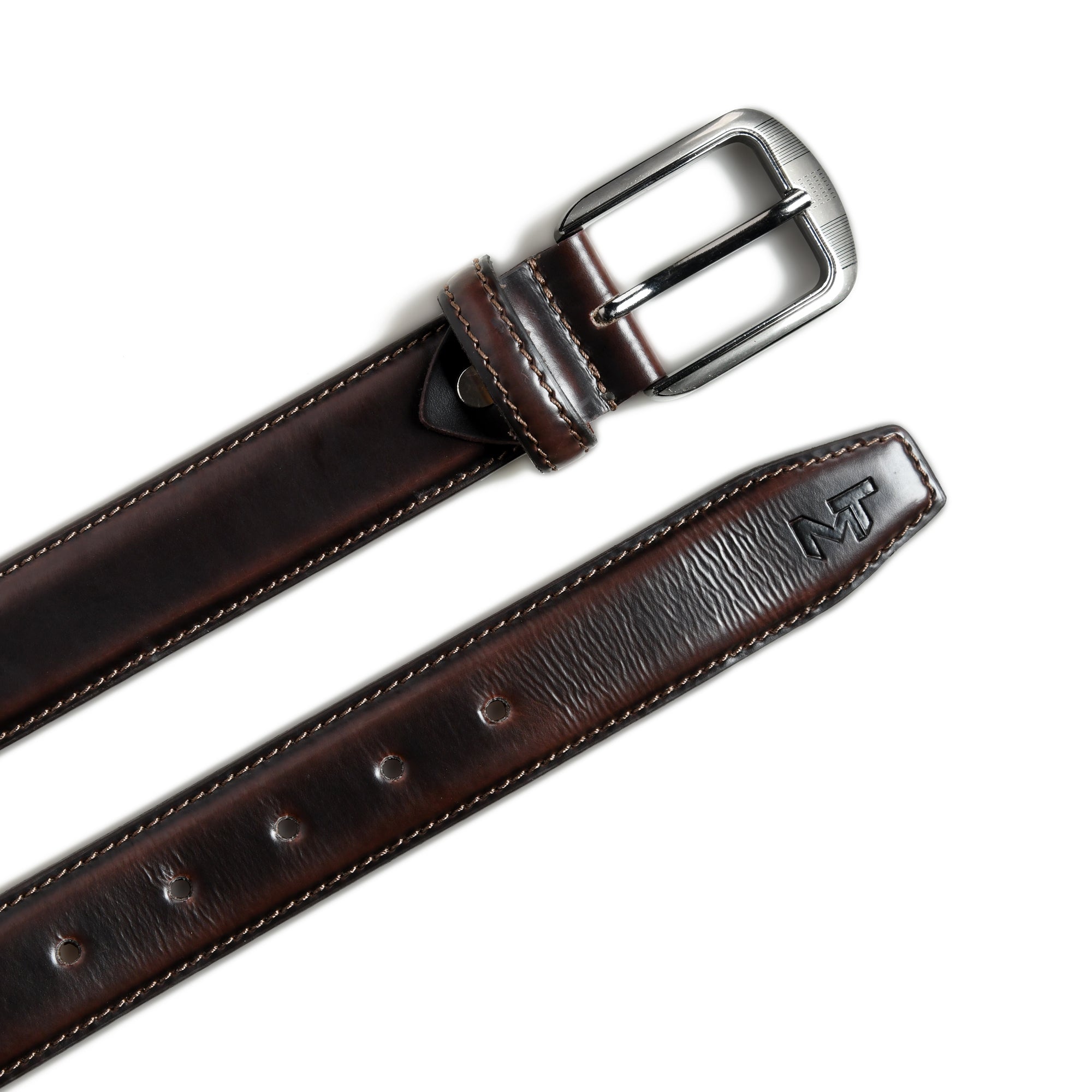 Brown leather belt with silver buckle on a white background