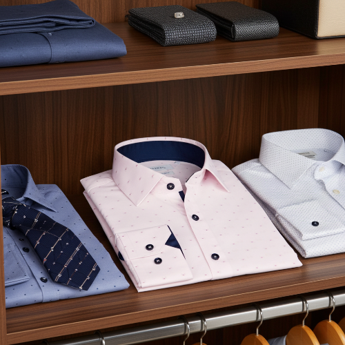 Folded shirts and ties on a wooden shelf in a closet.