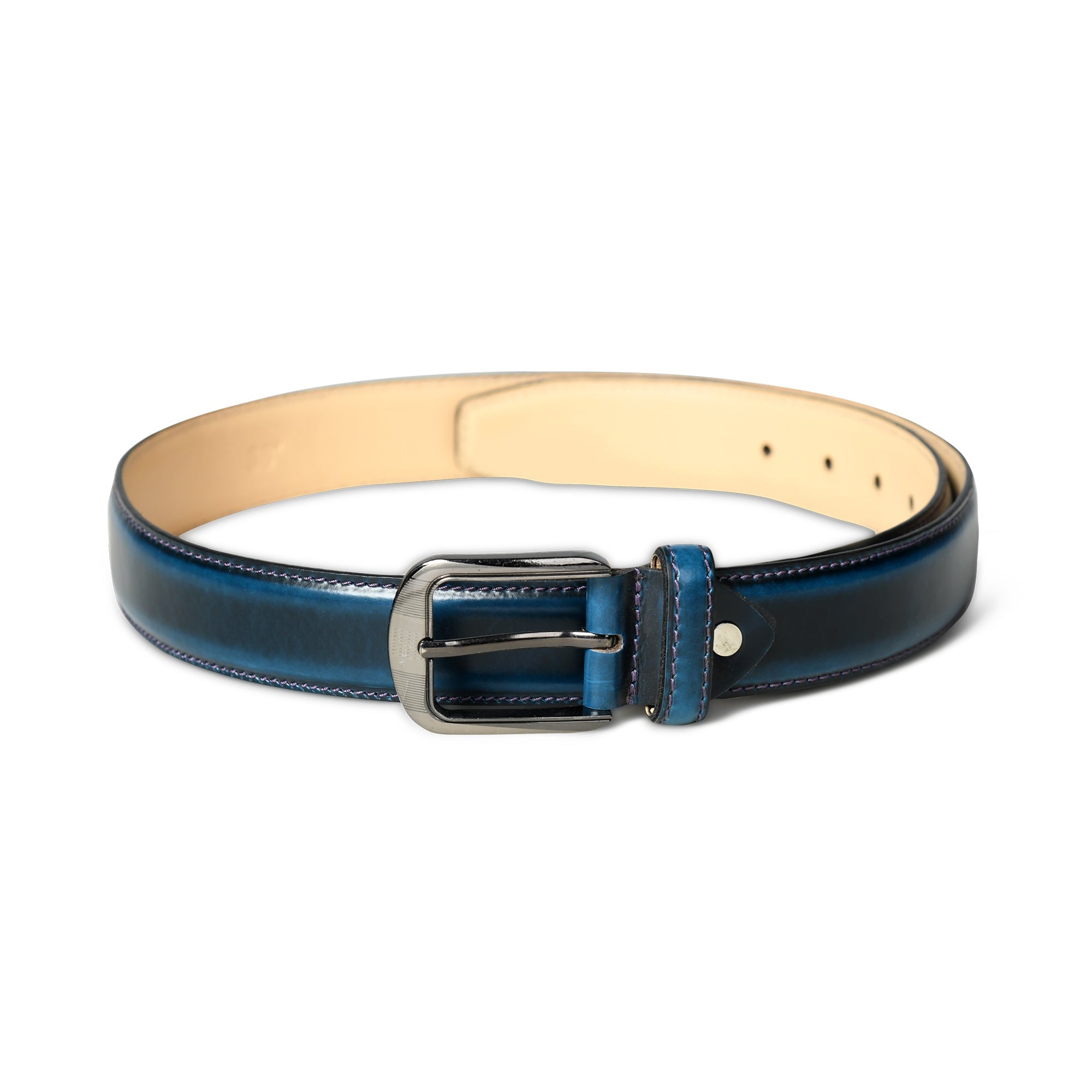 Blue leather belt with a silver buckle on a white background