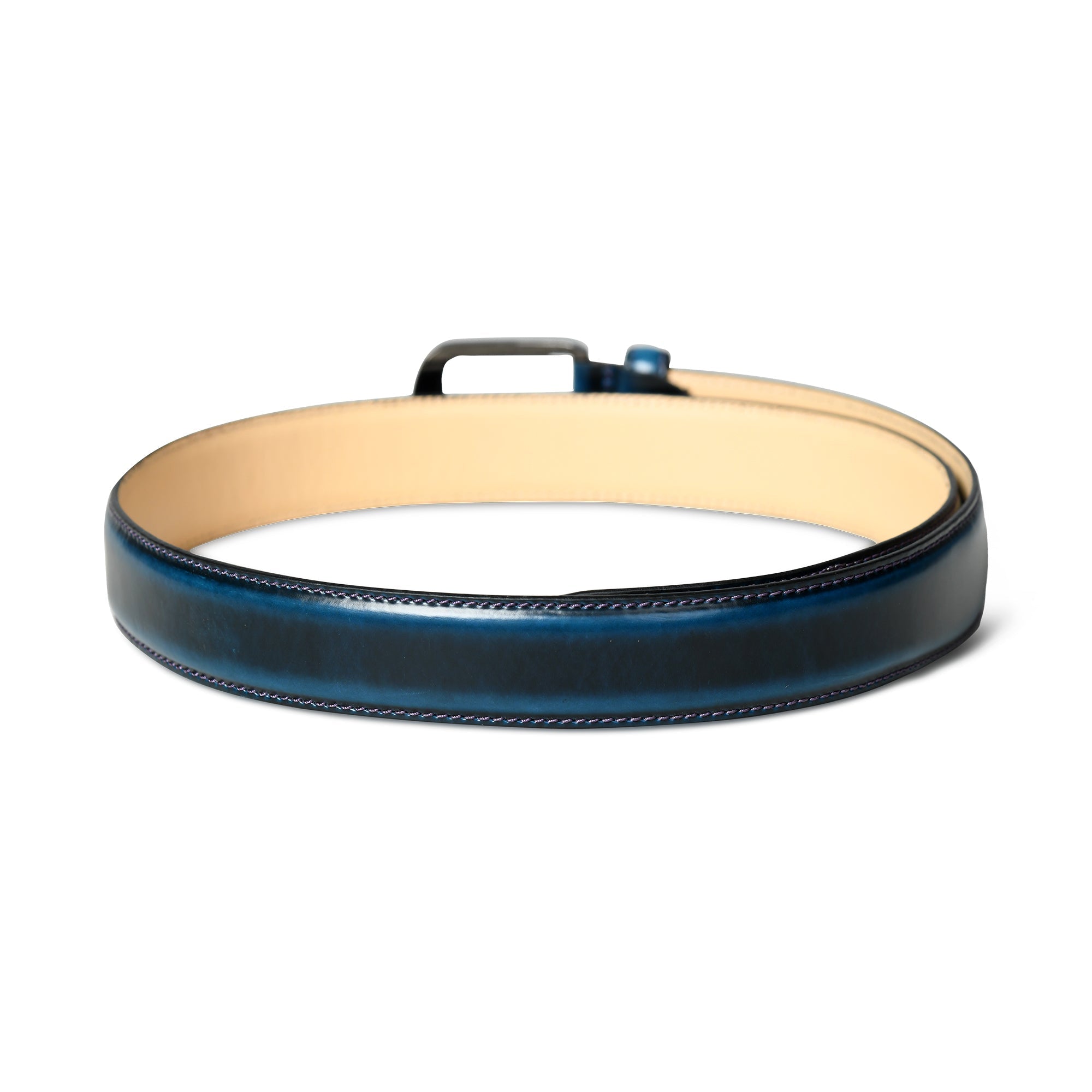 Blue leather belt with a beige interior on a white background