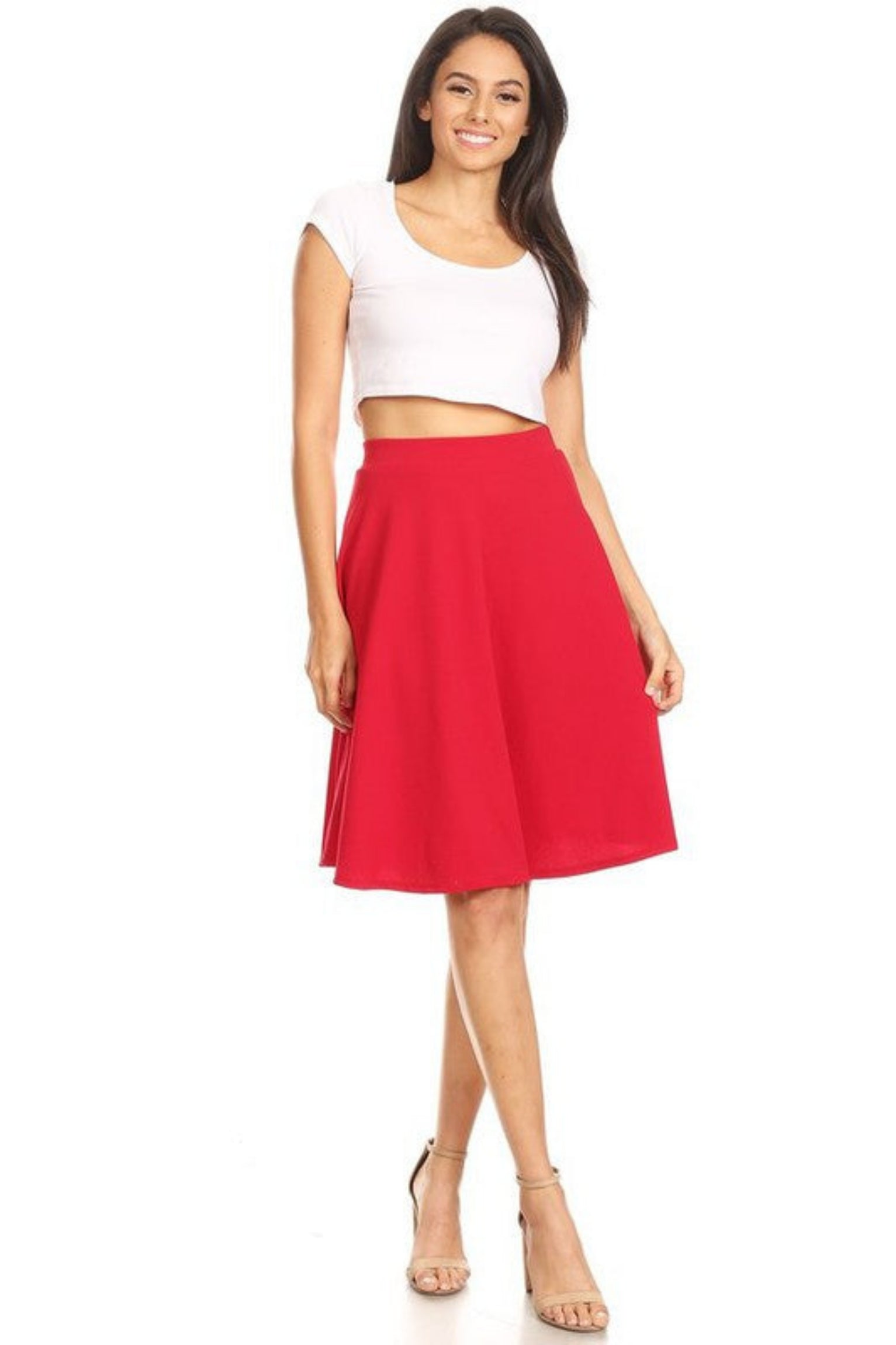 Solid High Waisted A-Line Knee Length Skirt