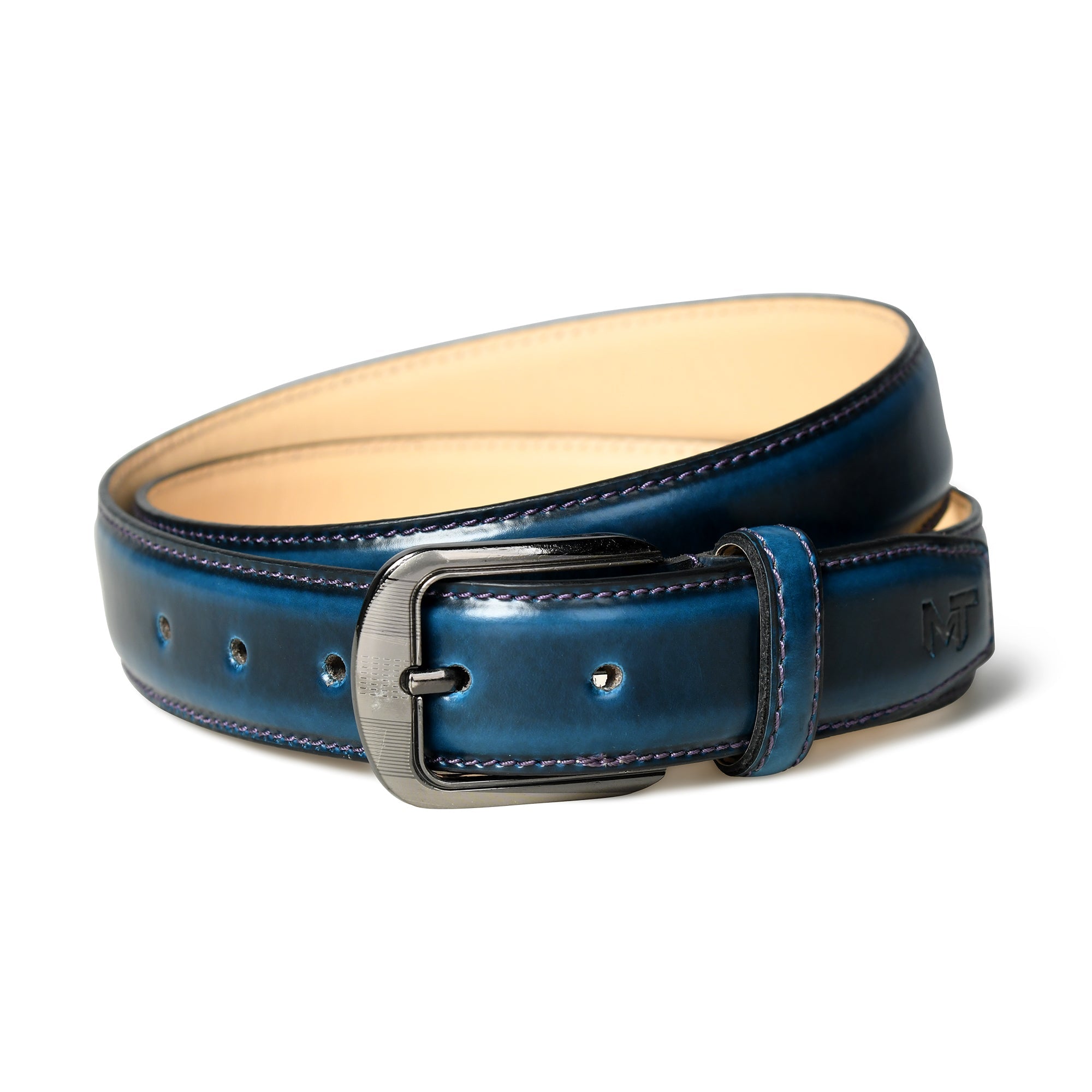 Blue leather belt with a silver buckle on a white background