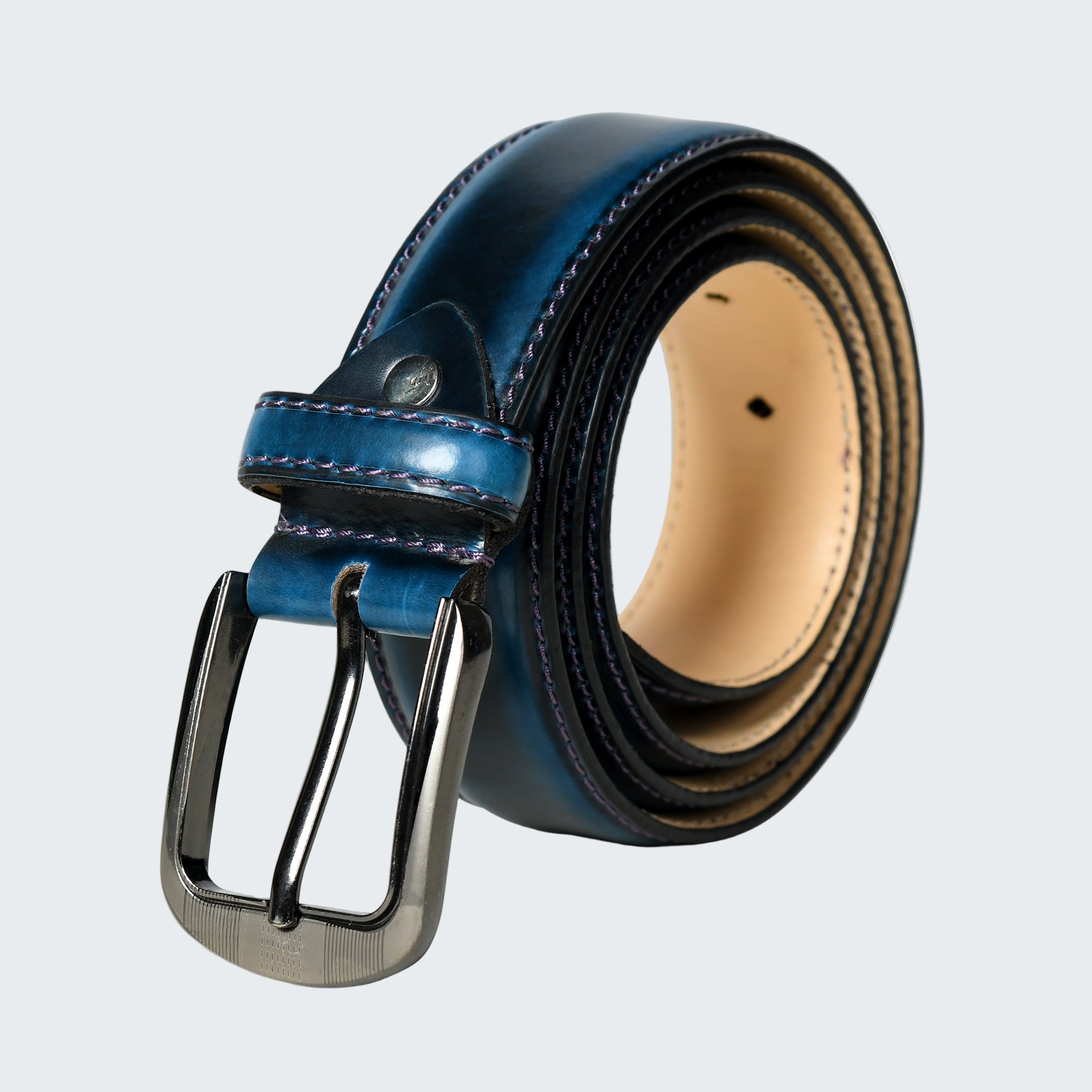 Blue leather belt with a silver buckle on a white background