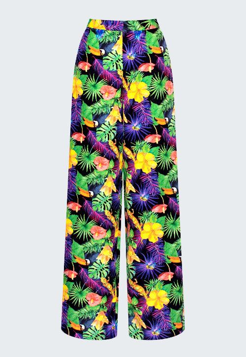 Colorful tropical patterned pants on a white background