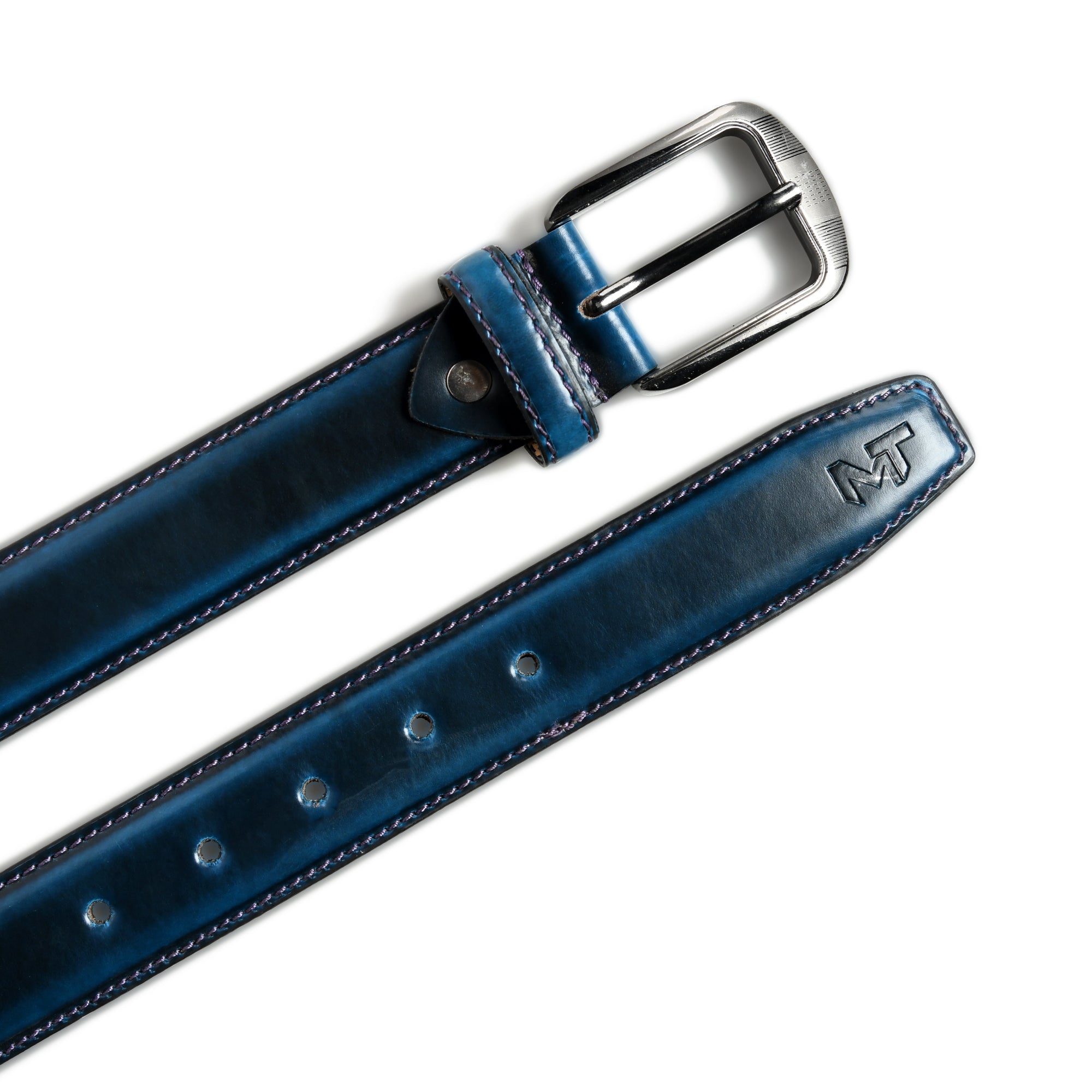 Blue leather belt with silver buckle on a white background