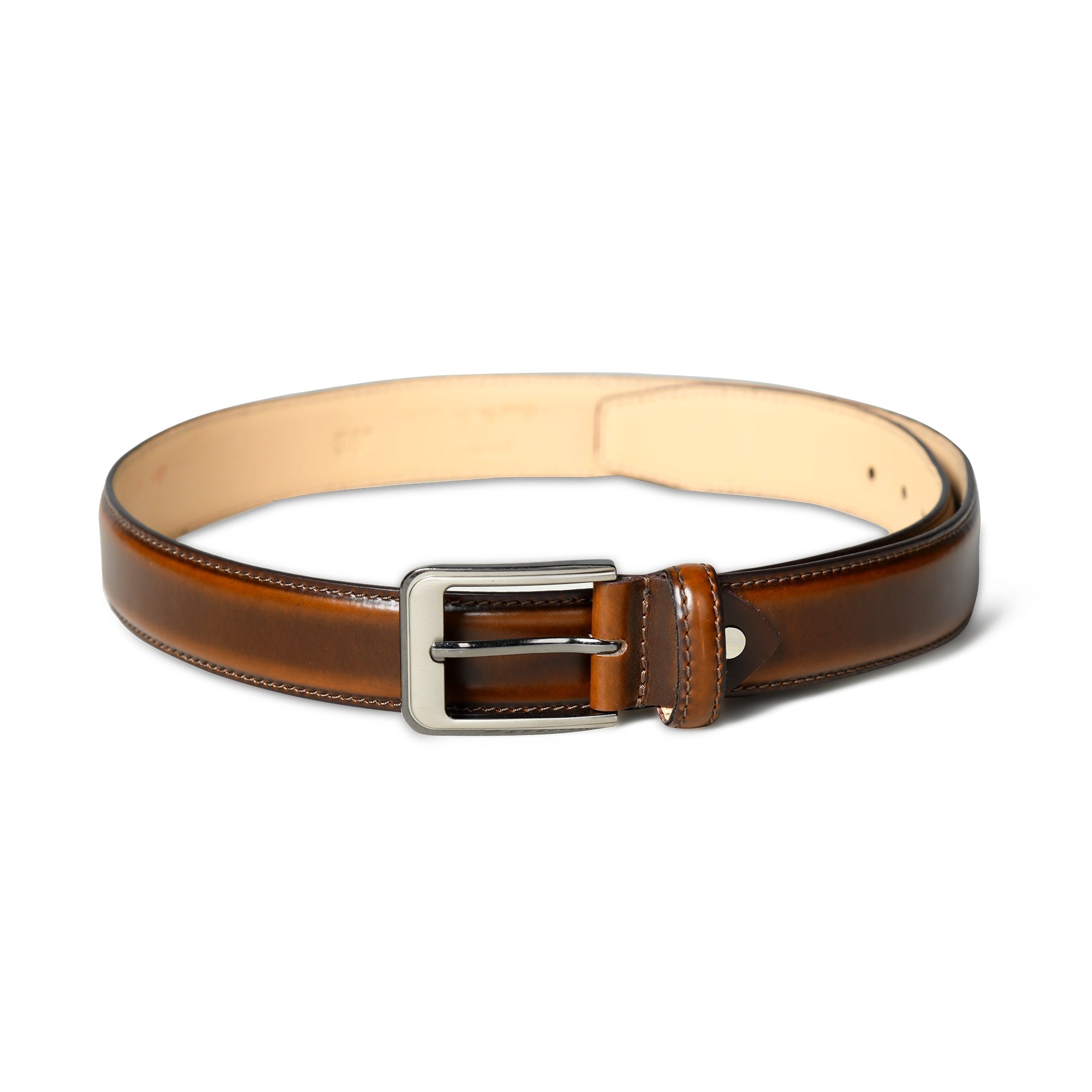 Brown leather belt with a silver buckle on a white background