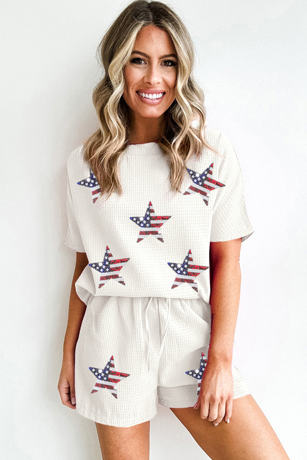 White Waffle Sequin American Flag Star Pattern Shorts Set