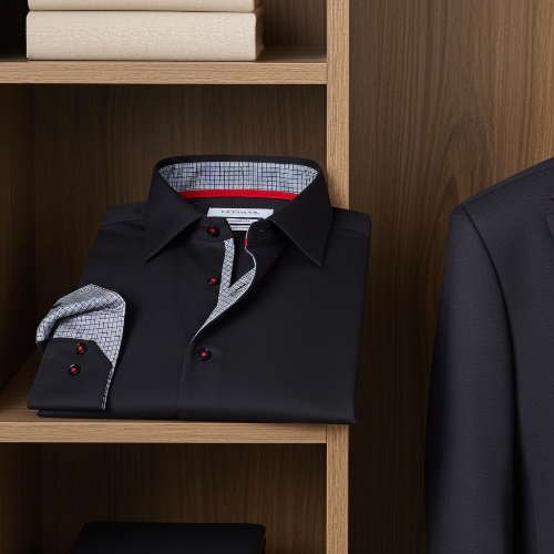 Folded black dress shirt with checkered interior on a wooden shelf