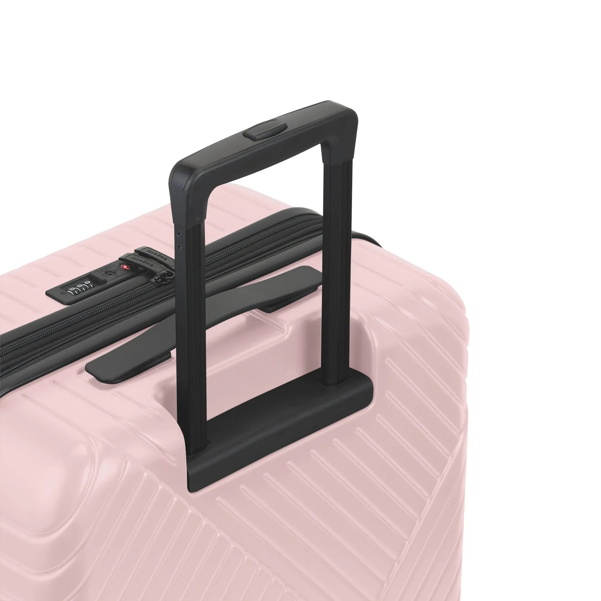 Pink suitcase with a black handle on a white background