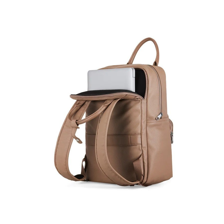 Beige backpack with a laptop compartment on a white background