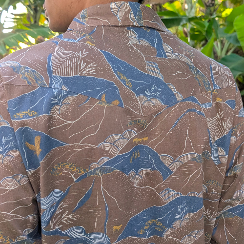 Close-up of a person wearing a patterned shirt with blue and brown design.