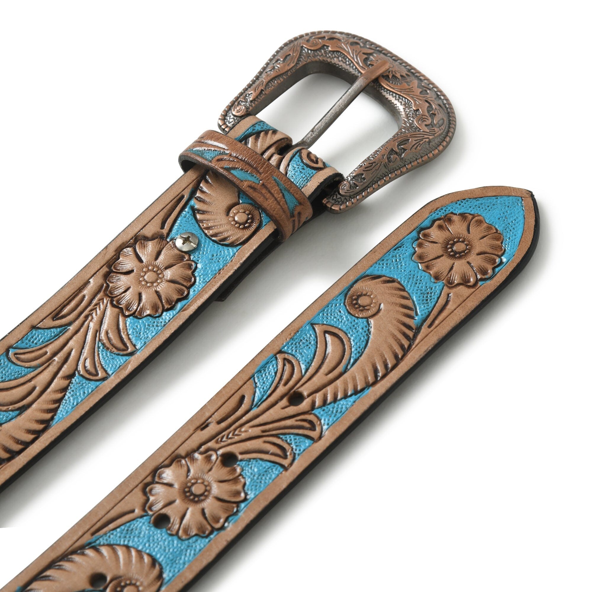 Brown leather belt with intricate floral patterns on a white background