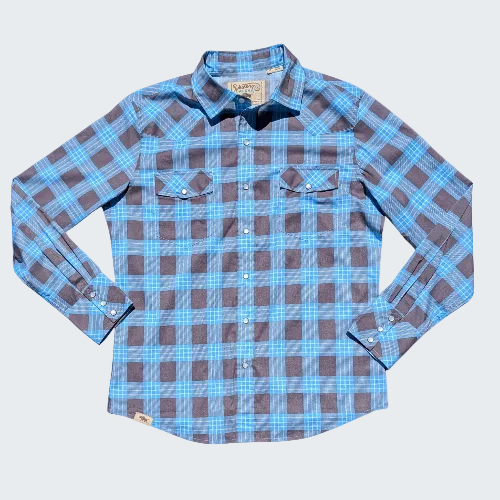 Blue and brown plaid shirt on a white background