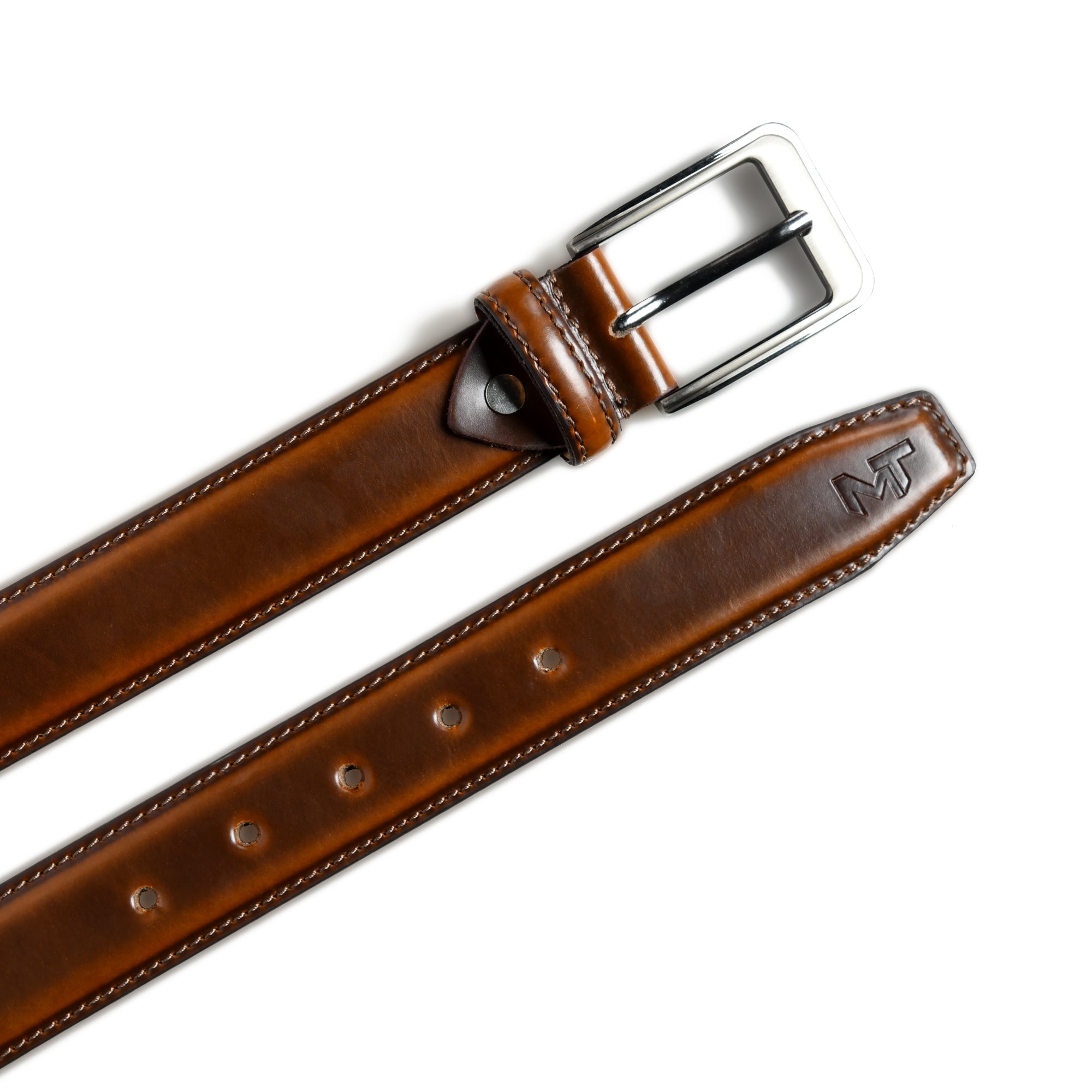 Brown leather belt with silver buckle on a white background