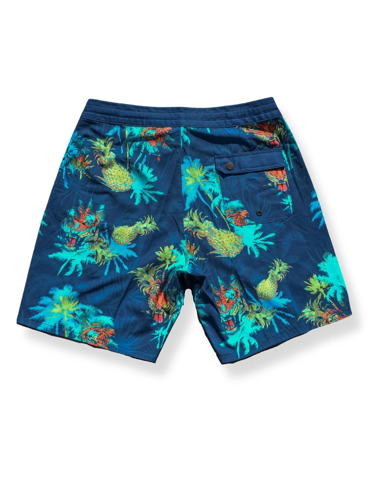 Colorful tropical print shorts on a white background