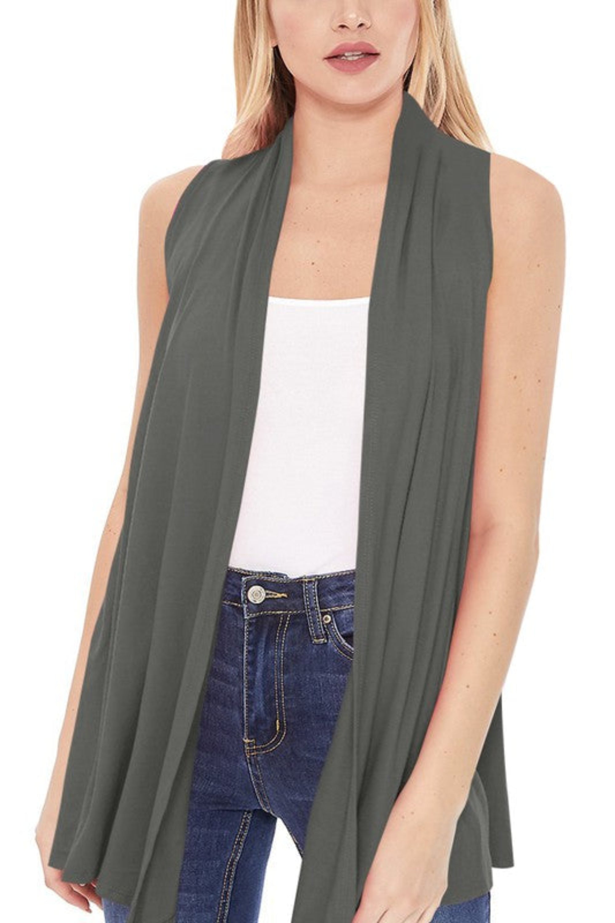 Solid Long Body Open Front Vest in a Loose Fit