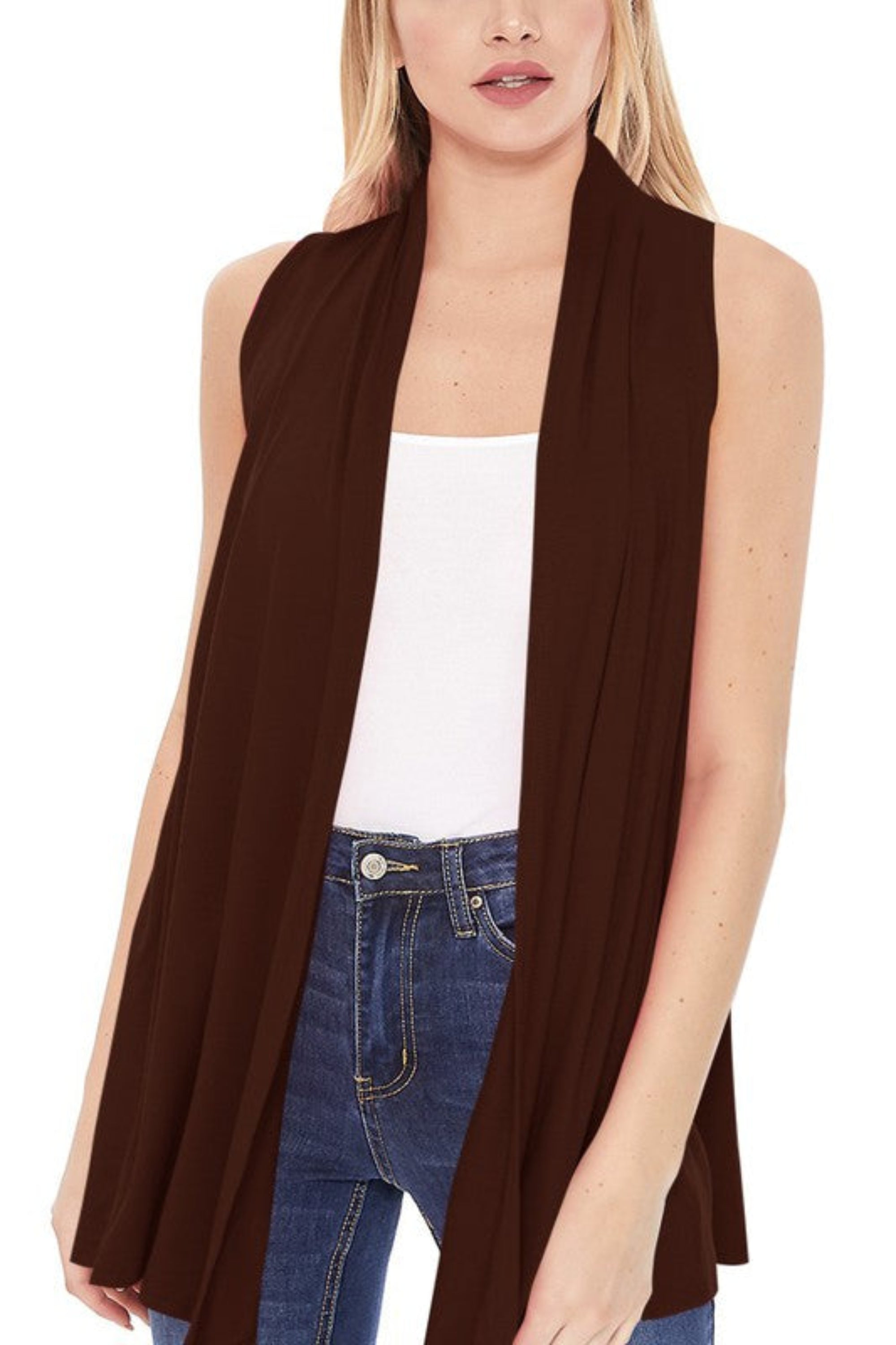 Solid Long Body Open Front Vest in a Loose Fit