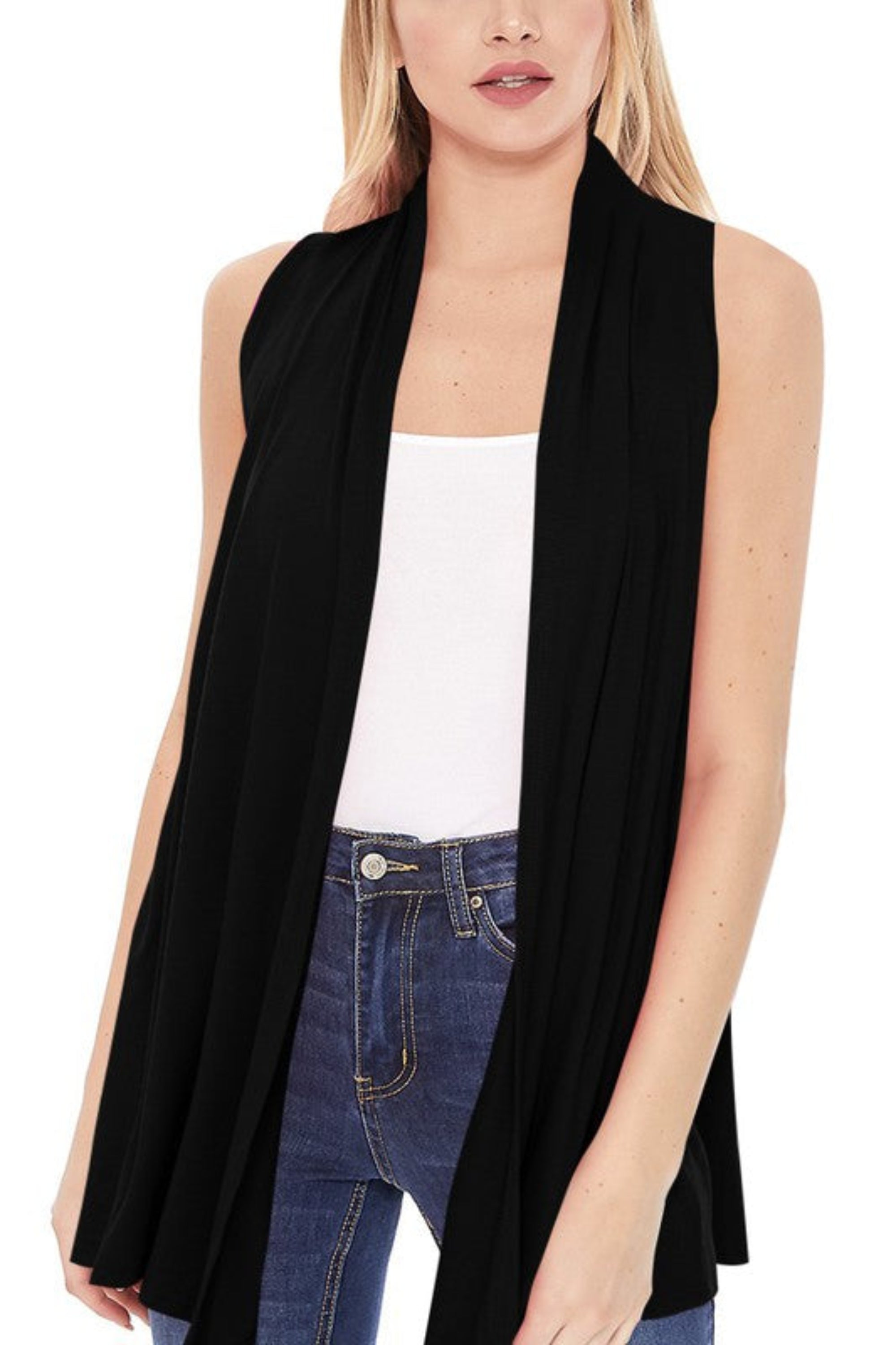 Solid Long Body Open Front Vest in a Loose Fit