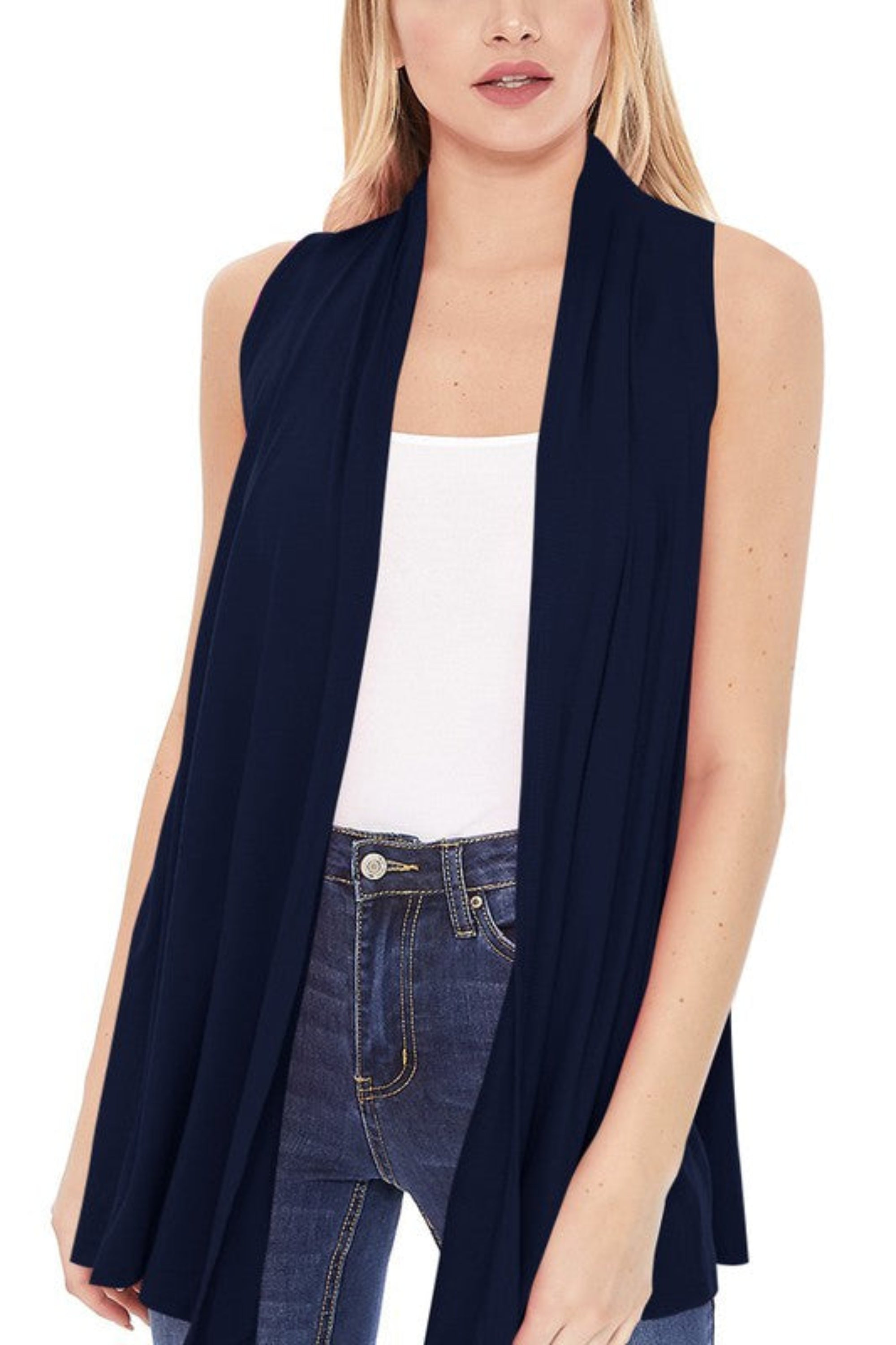 Solid Long Body Open Front Vest in a Loose Fit