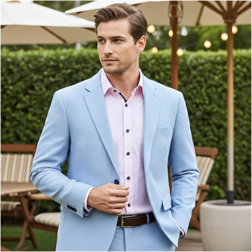 Man wearing a light blue blazer over a pink shirt outdoors with greenery in the background