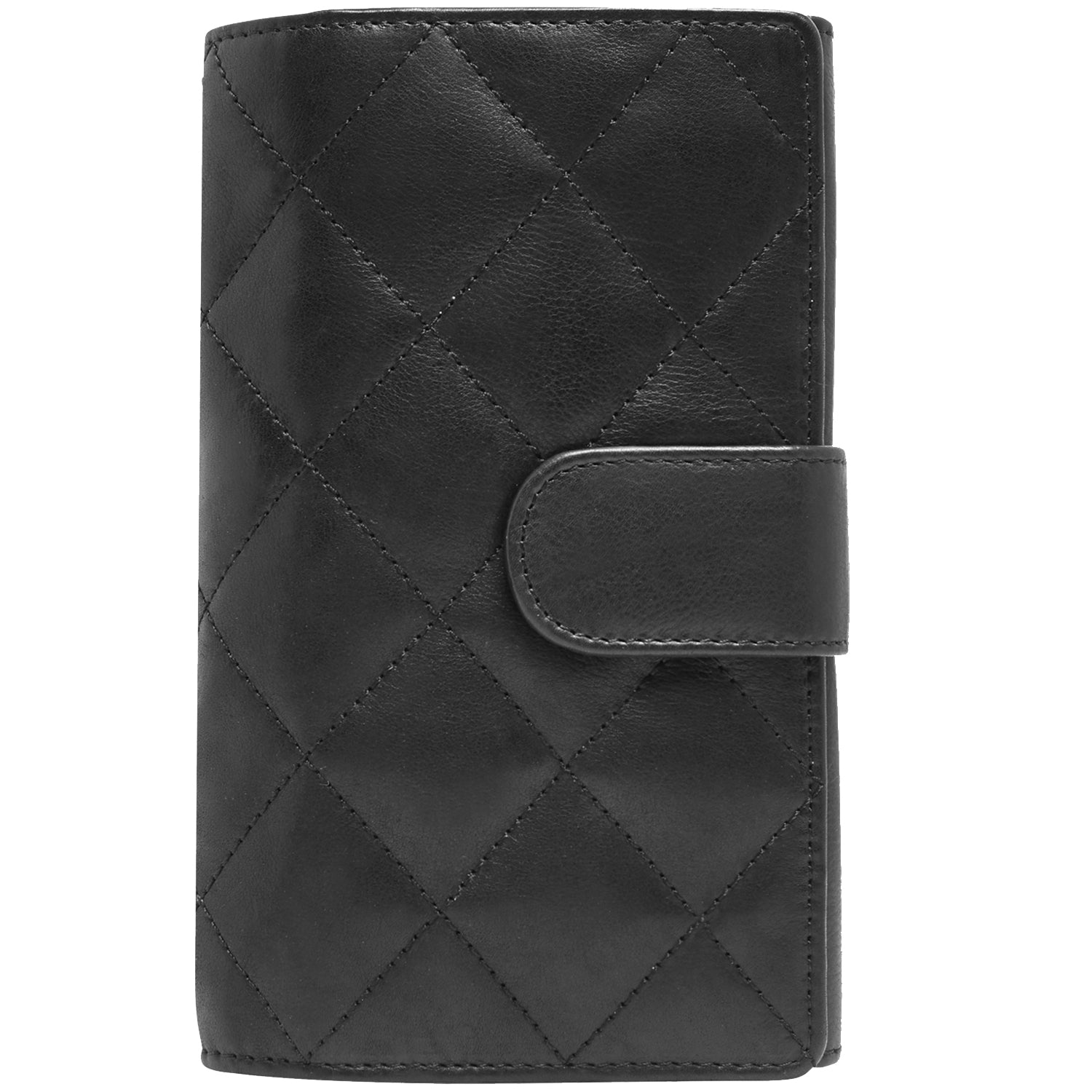 Black quilted wallet on a white background